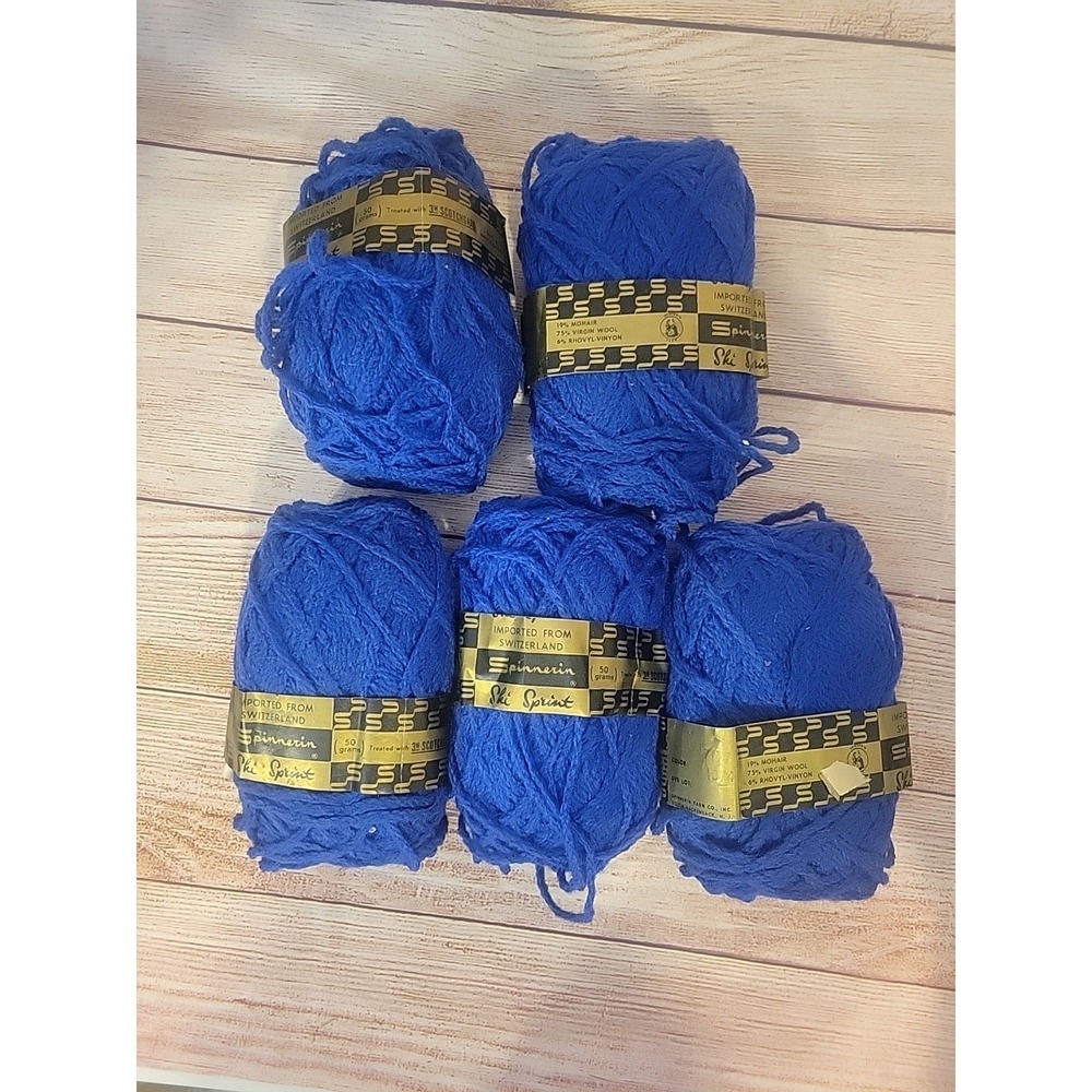 5 Skeins Spinnerin Ski Sprint Yarn Blue Mohair Virgin Wool Blend Switzerland